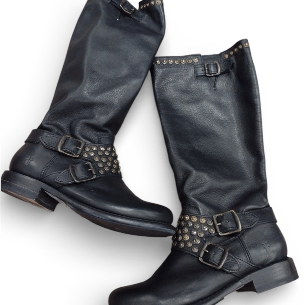 Frye Black Studded Leather Moto Boots